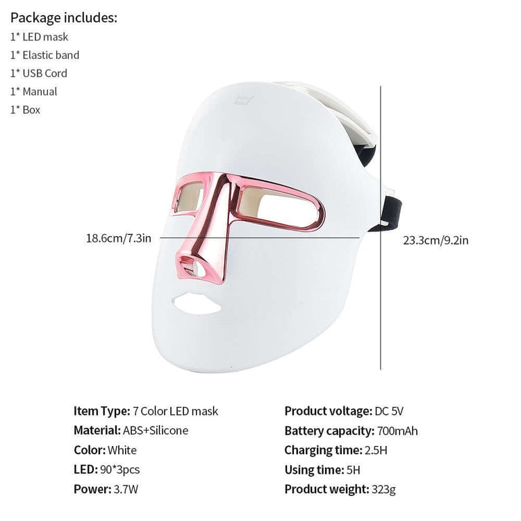 HelloSophia-J Rejuvenation Face Mask package details including dimensions, materials, and accessories for LED light therapy.