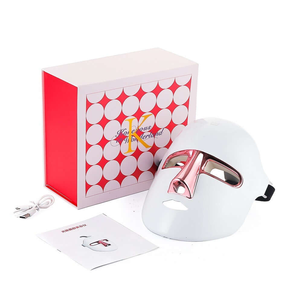HelloSophia-J Rejuvenation Face Mask with Rose Gold accents, USB charger, and packaging for light therapy skincare.