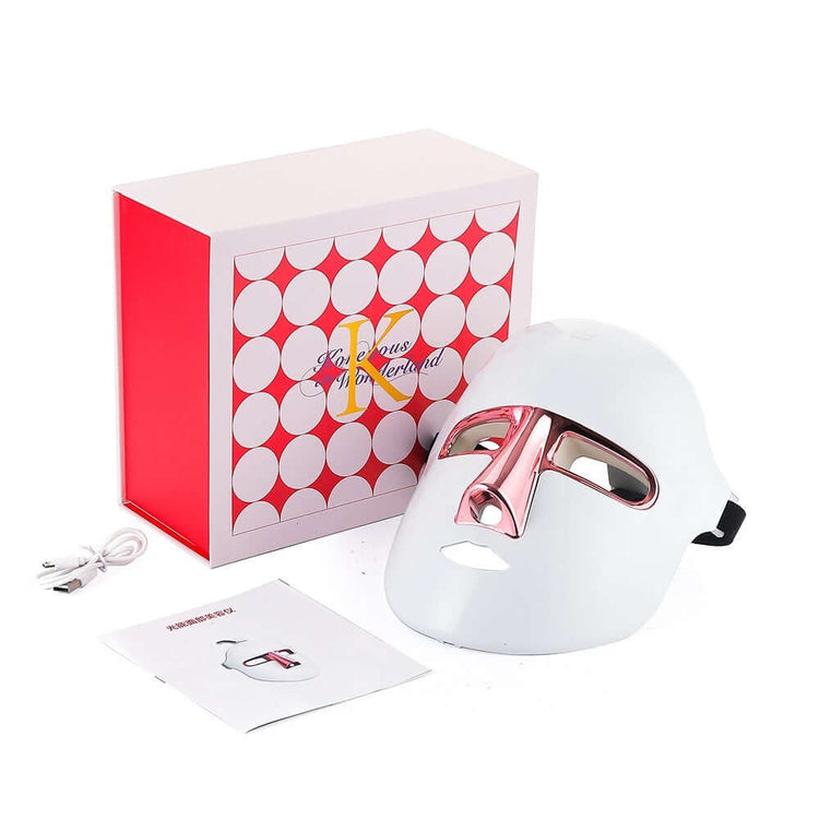 HelloSophia-J Rejuvenation Face Mask with Rose Gold accents, USB charger, and packaging for light therapy skincare.